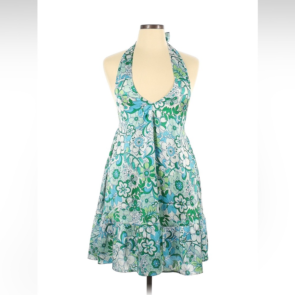 Floral Backless Halter Dress - Blue and Green